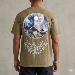 Rebel Vengeance Mens Tan Great Wave Yin‎ Yang Graphic T-Shirt Embroidered Cotton